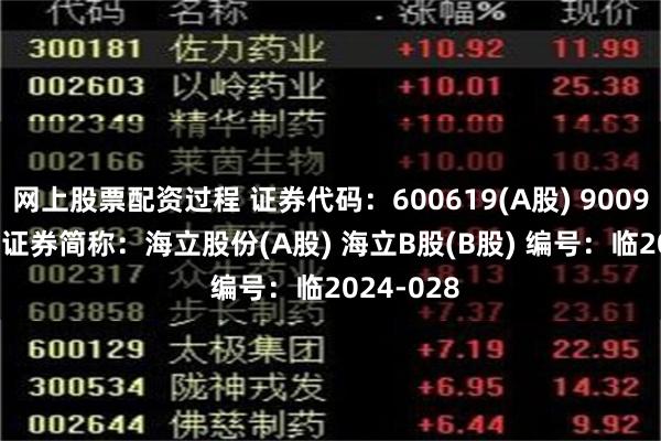 网上股票配资过程 证券代码：600619(A股) 900910(B股) 证券简称：海立股份(A股) 海立B股(B股) 编号：临2024-028